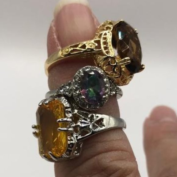 Set of 3 Silver & Gold-Tone with Faceted Gems Rings - Picture 12 of 12